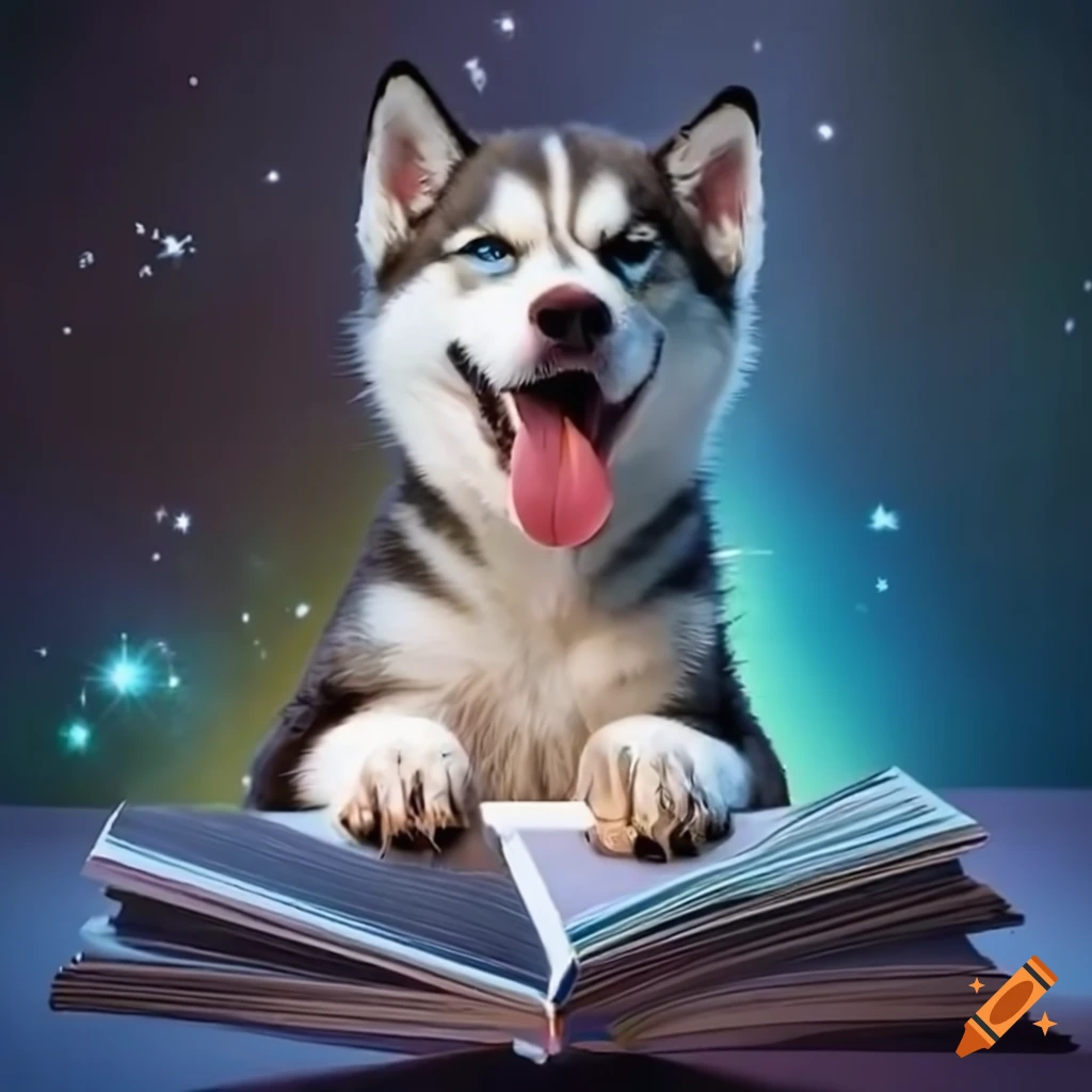 Cute husky dog with a book and fruit stickers on Craiyon