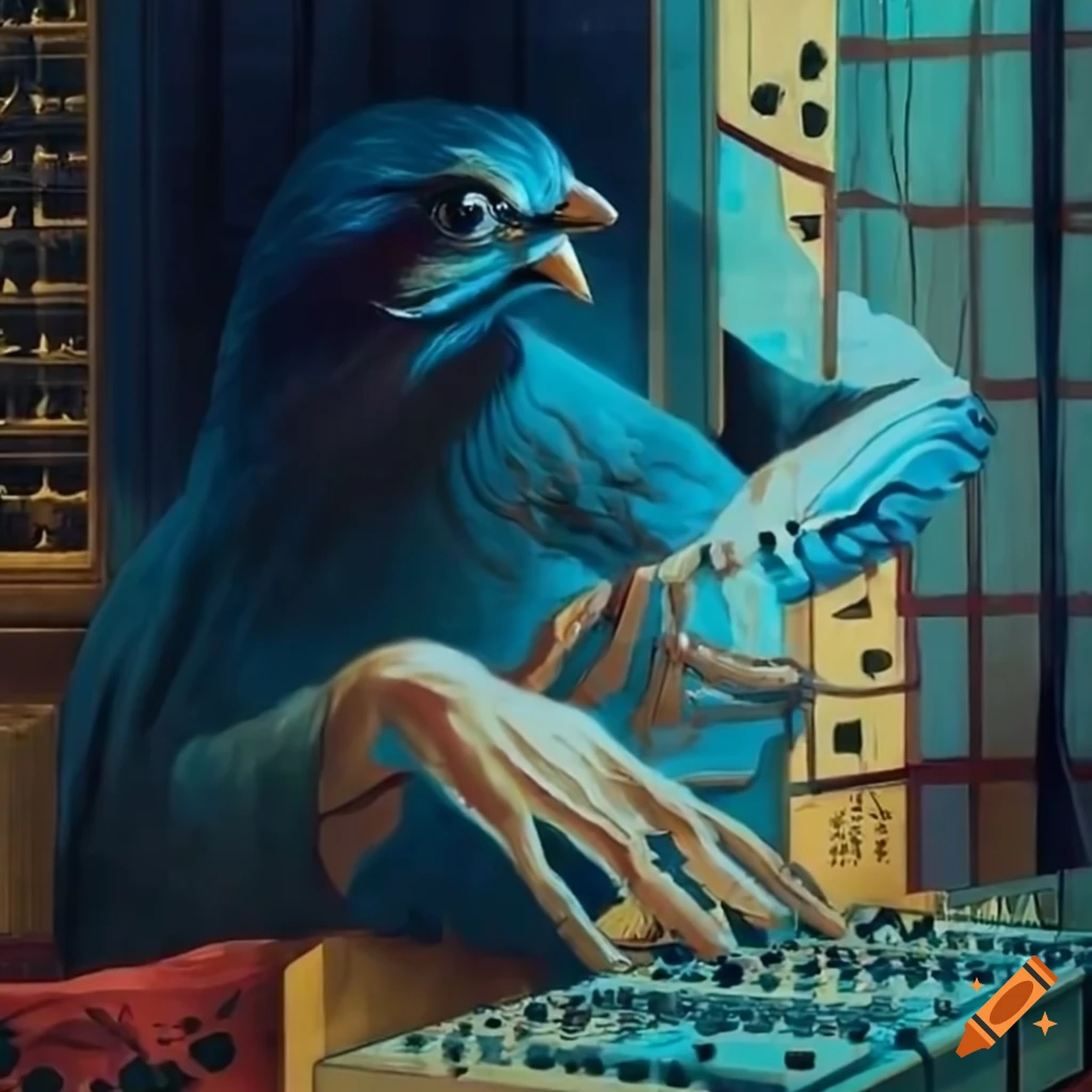 Euroasian jay with modular synth in japanese art painting