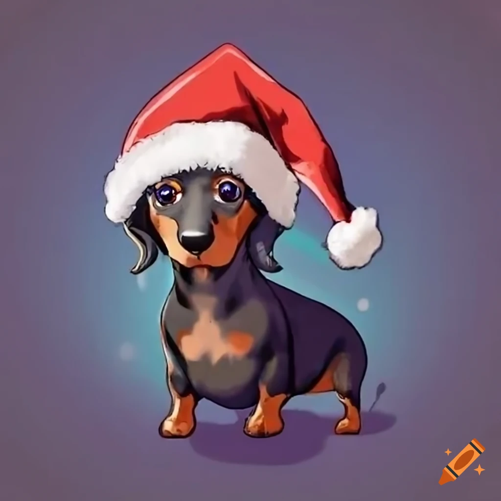 Black dachshund in a christmas hat walking
