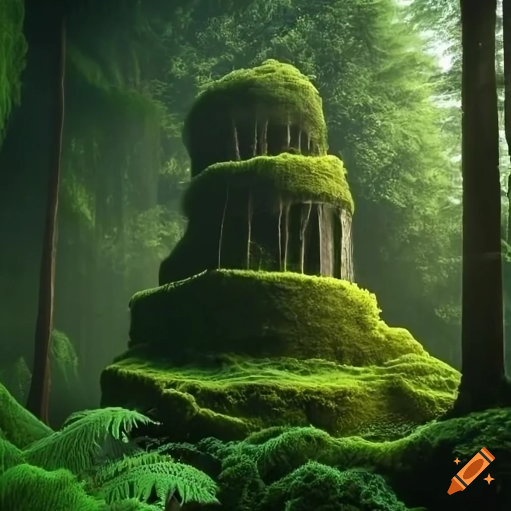 Moss-covered tower in a fern forest on Craiyon