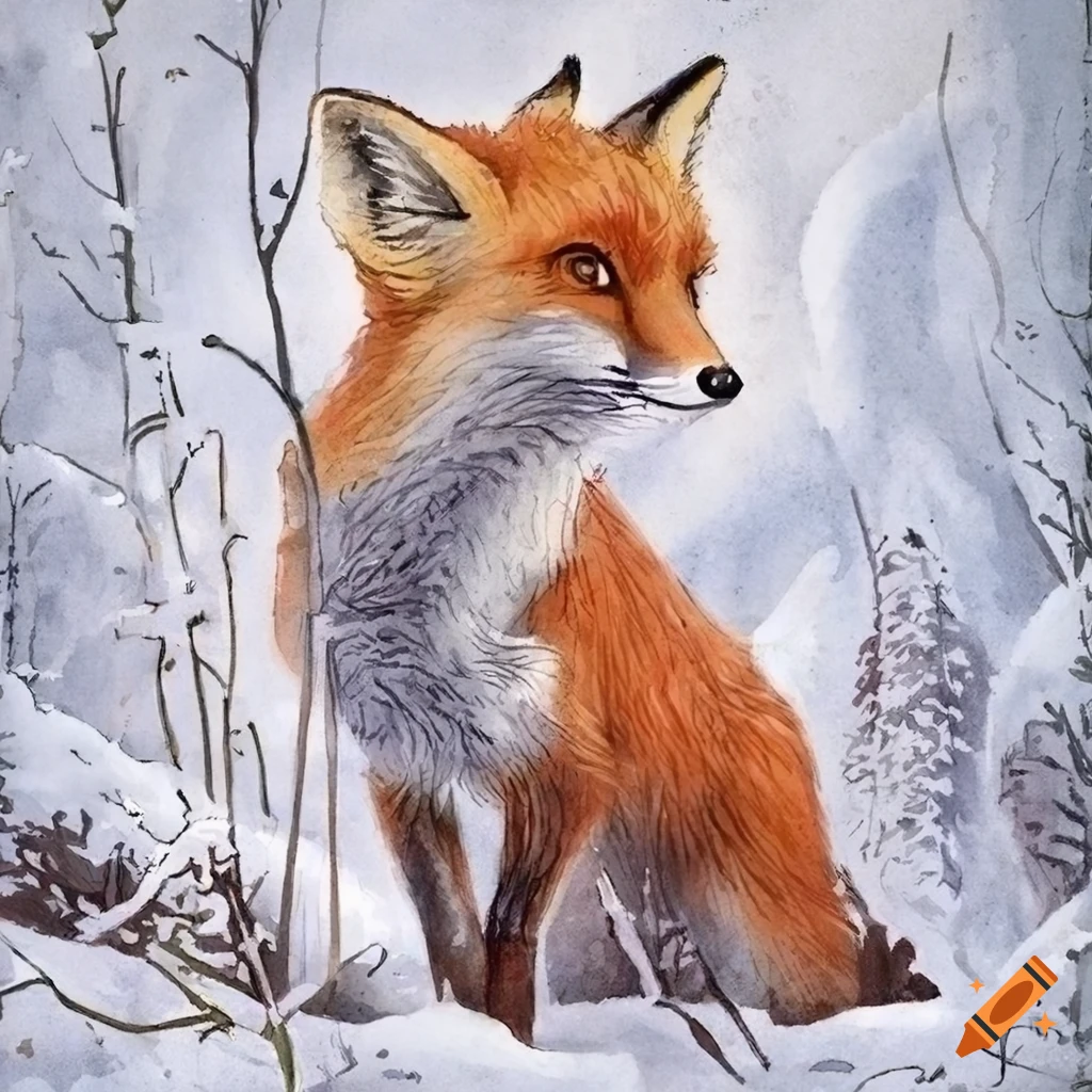 Aquarelle painting of a fox in a winter forest on Craiyon