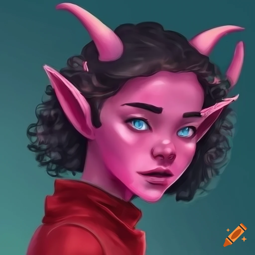 Illustration of a tiefling girl with short black curly hair and pink ...