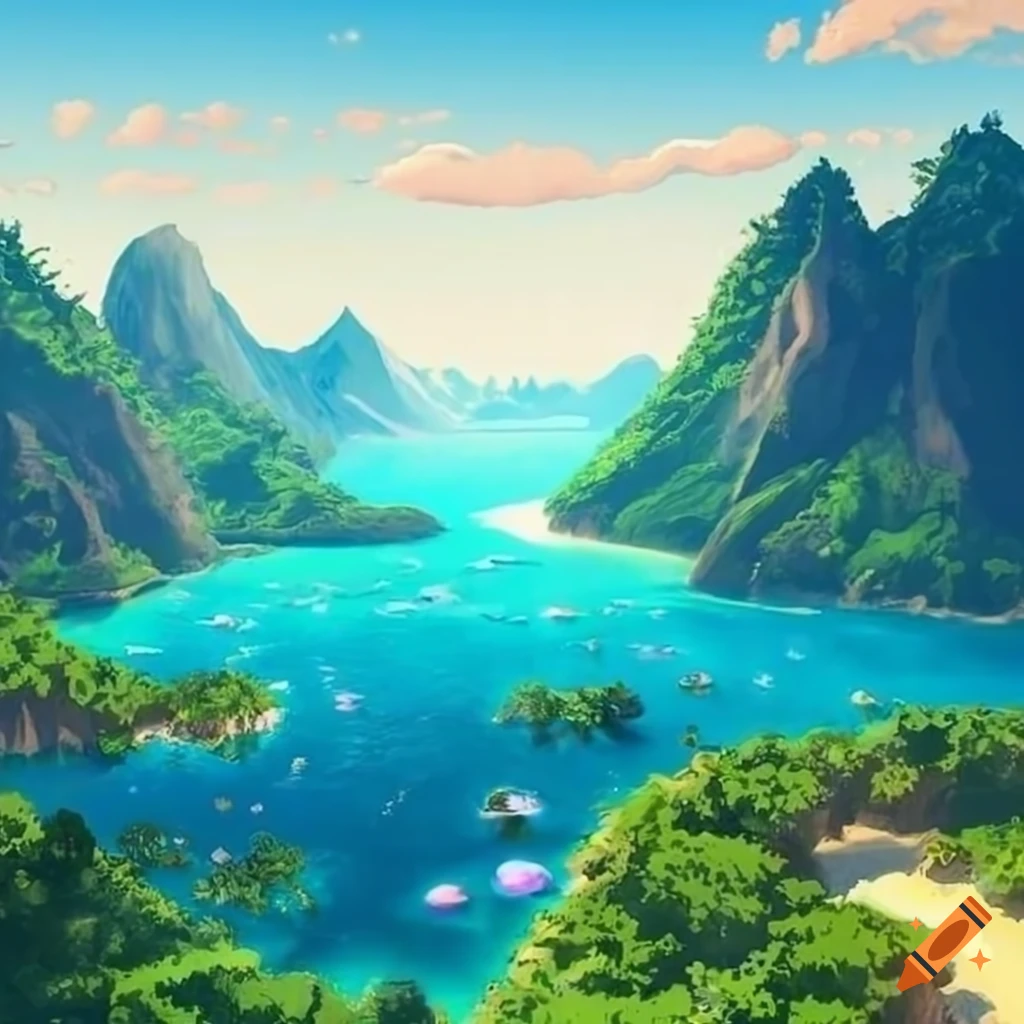 Magical landscape of tropical islands with waterfall mountains on Craiyon