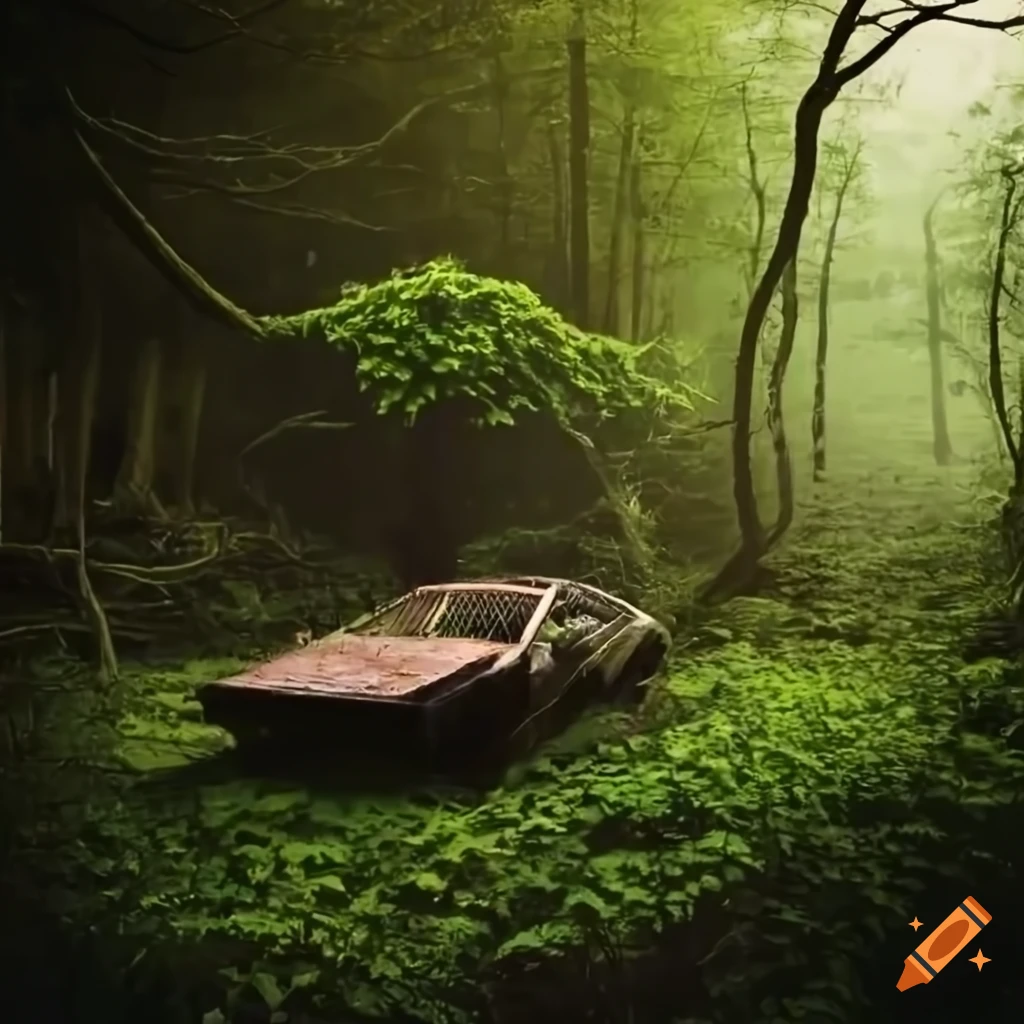 Delorean car abandoned in a forest on Craiyon