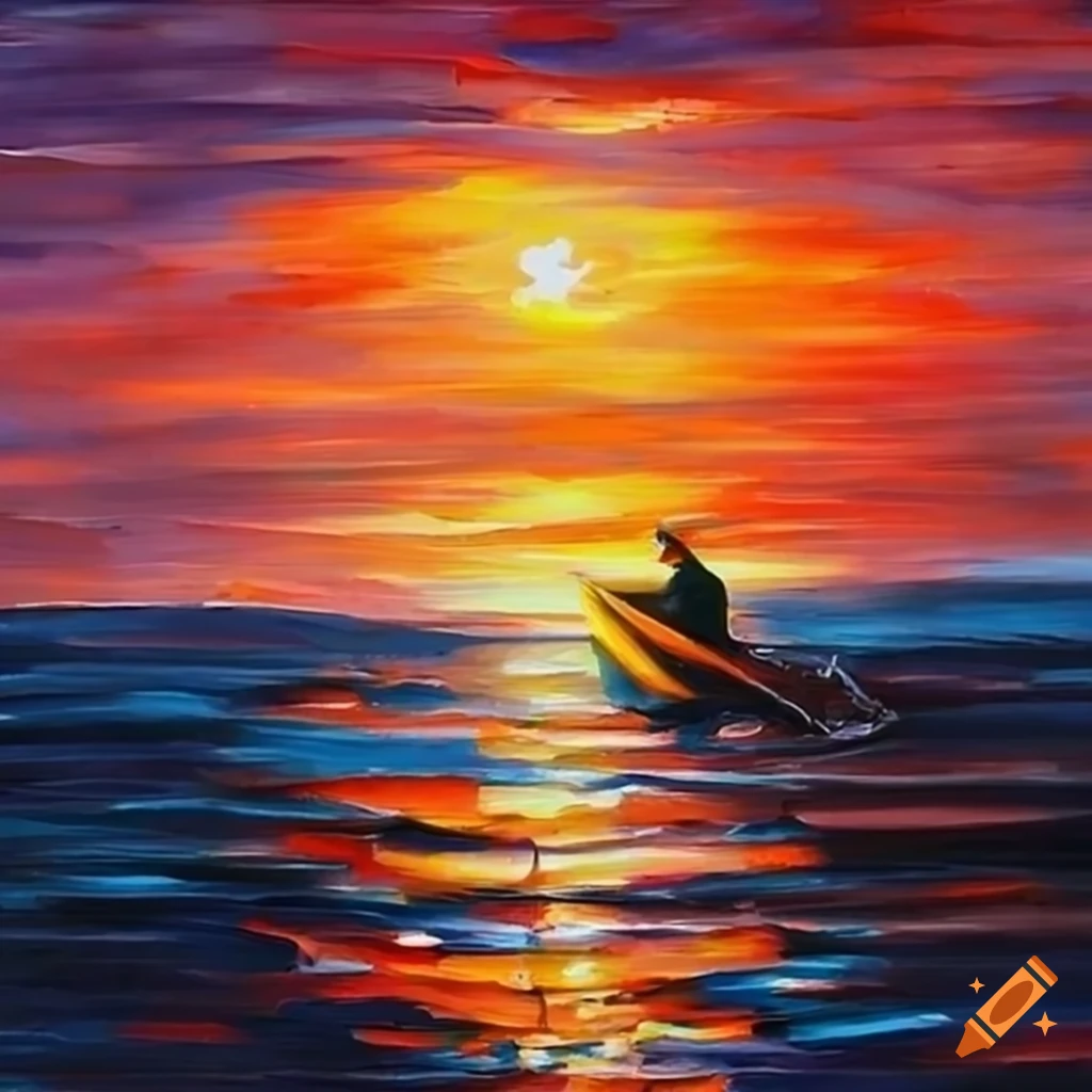 Colorful painting of an elderly man sailing at sunset