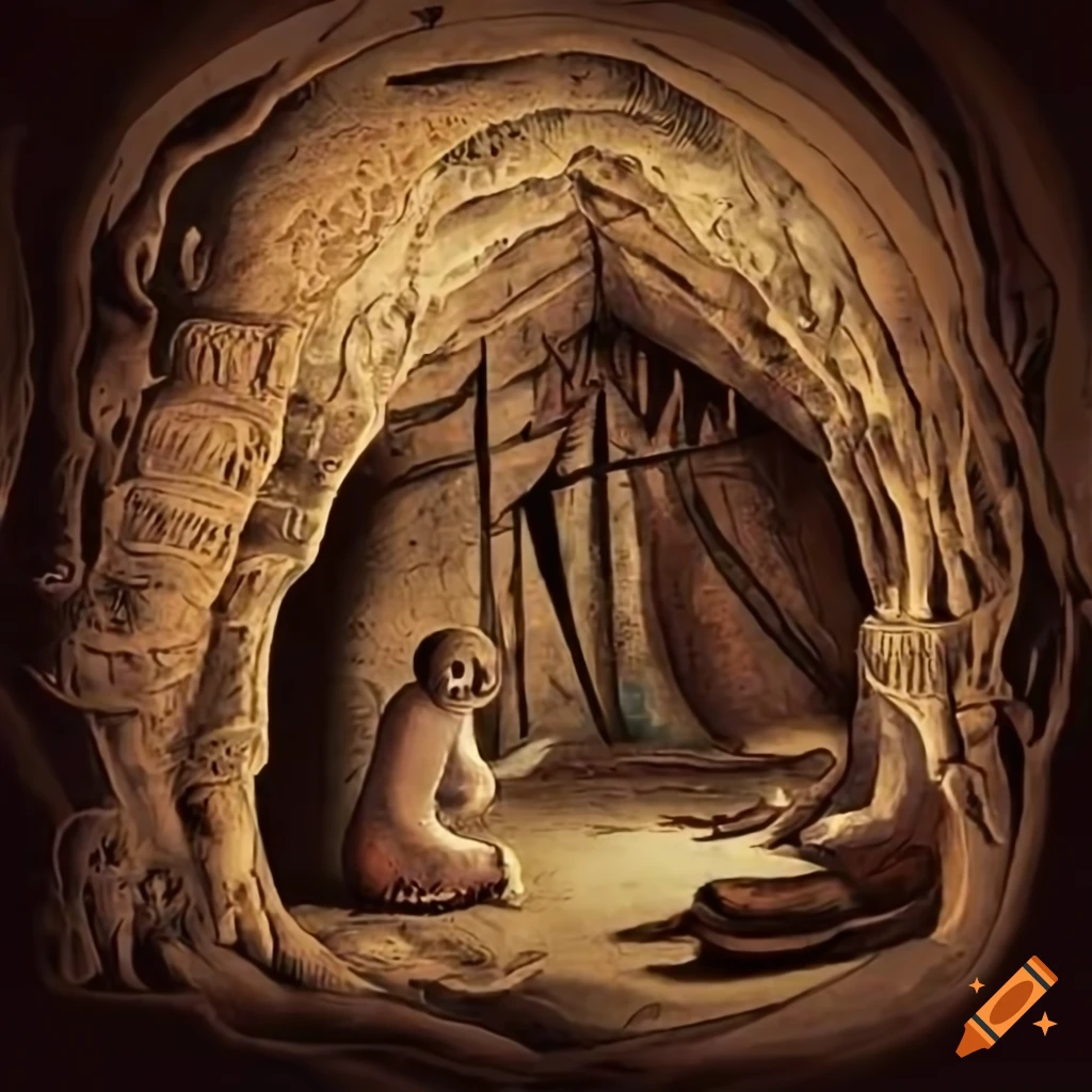 illustration of an underground pale humanoid fishing village