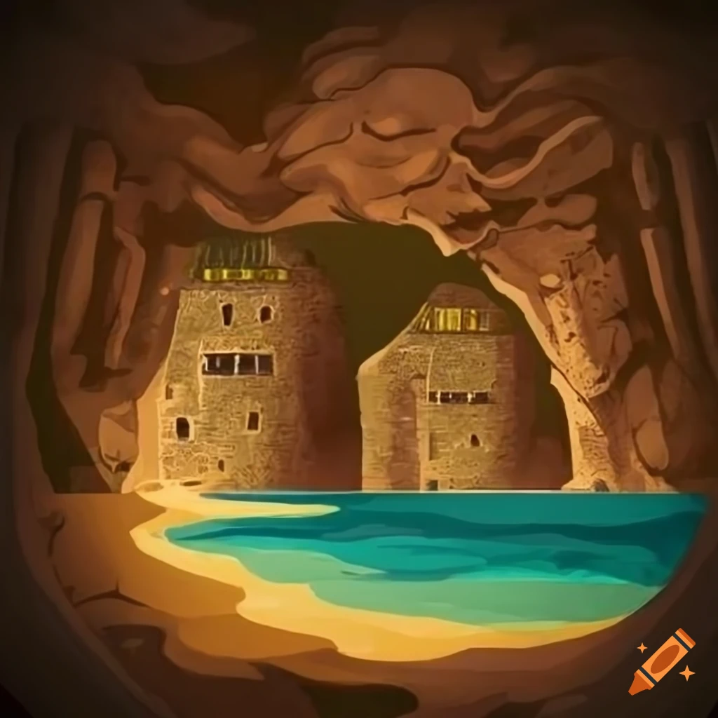 vellum illustration of an underground fishing village