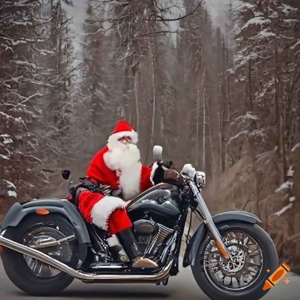 Santa claus riding a motorcycle in the mountains