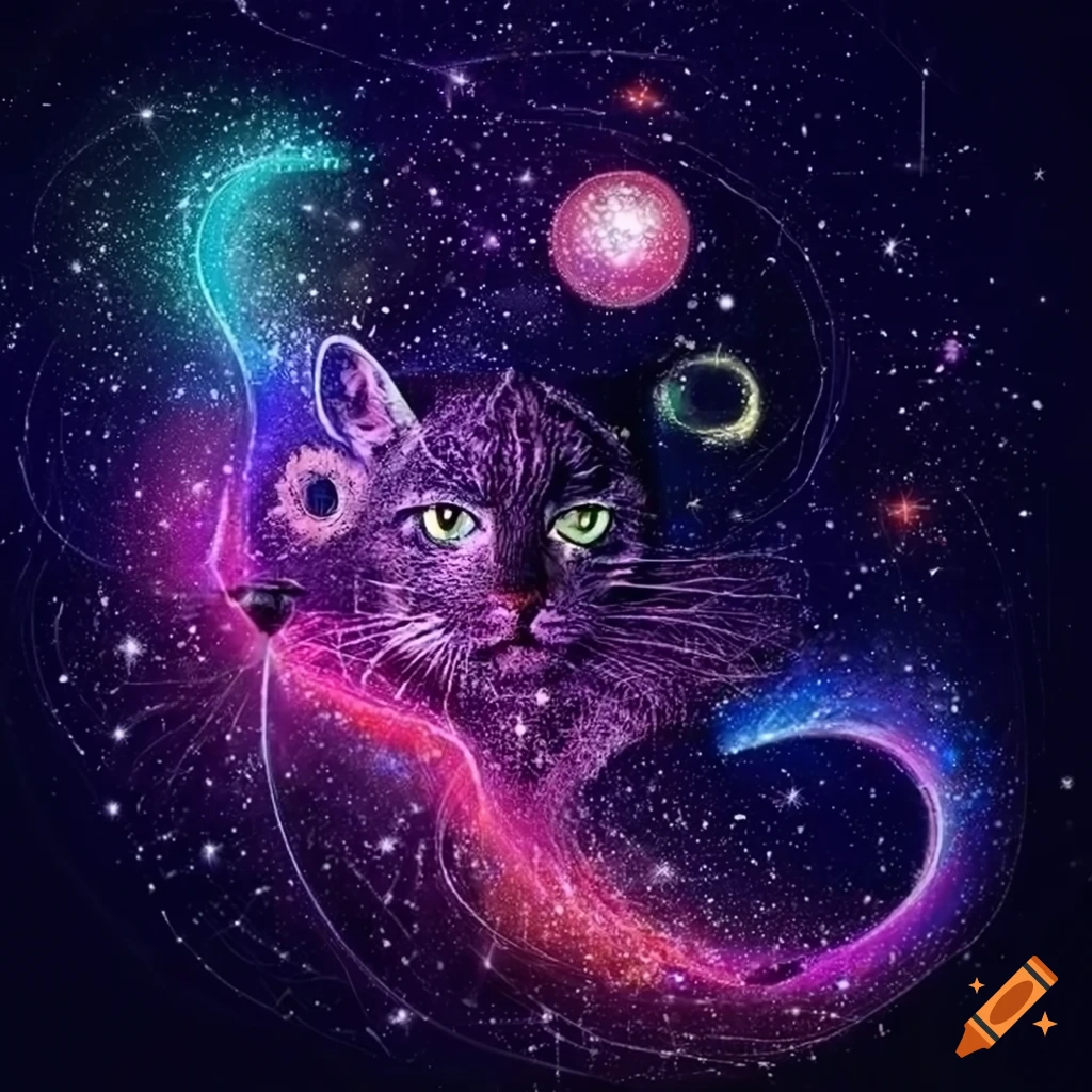 Line drawing of cats in cosmic space