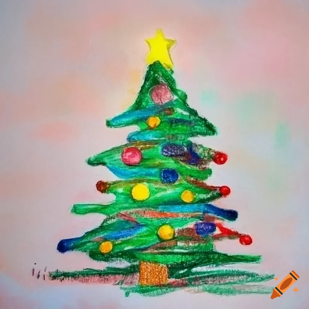 Christmas tree crayon drawing on white background