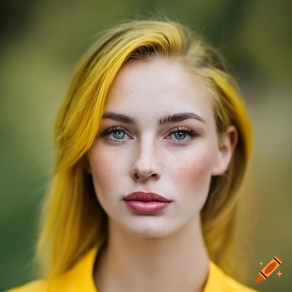 Close-up portrait of a woman with yellow hair and freckles
