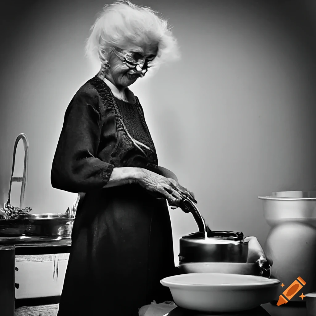 Elderly woman cooking with a cat by her side on Craiyon
