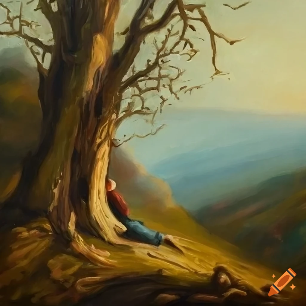 Oil painting of a man under a dead tree on Craiyon