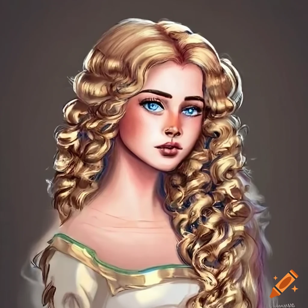 Portrait of a woman with flowing golden curls and blue eyes