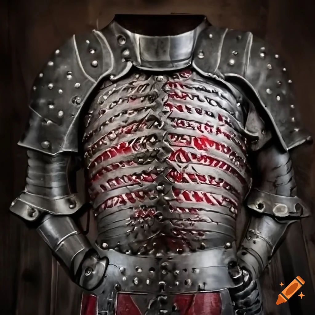 Detailed metal armor plate with red symbols on Craiyon