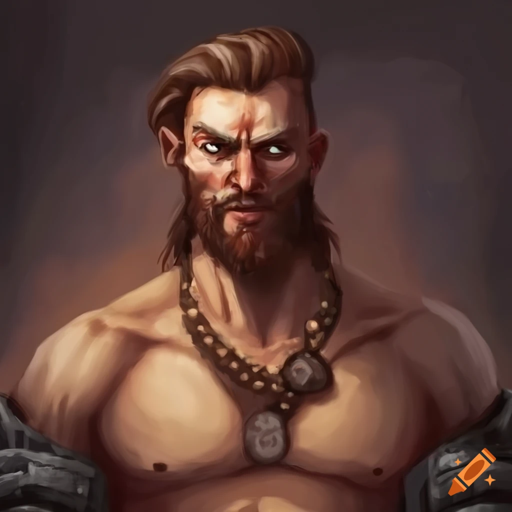portrait of a shirtless male barbarian bartender
