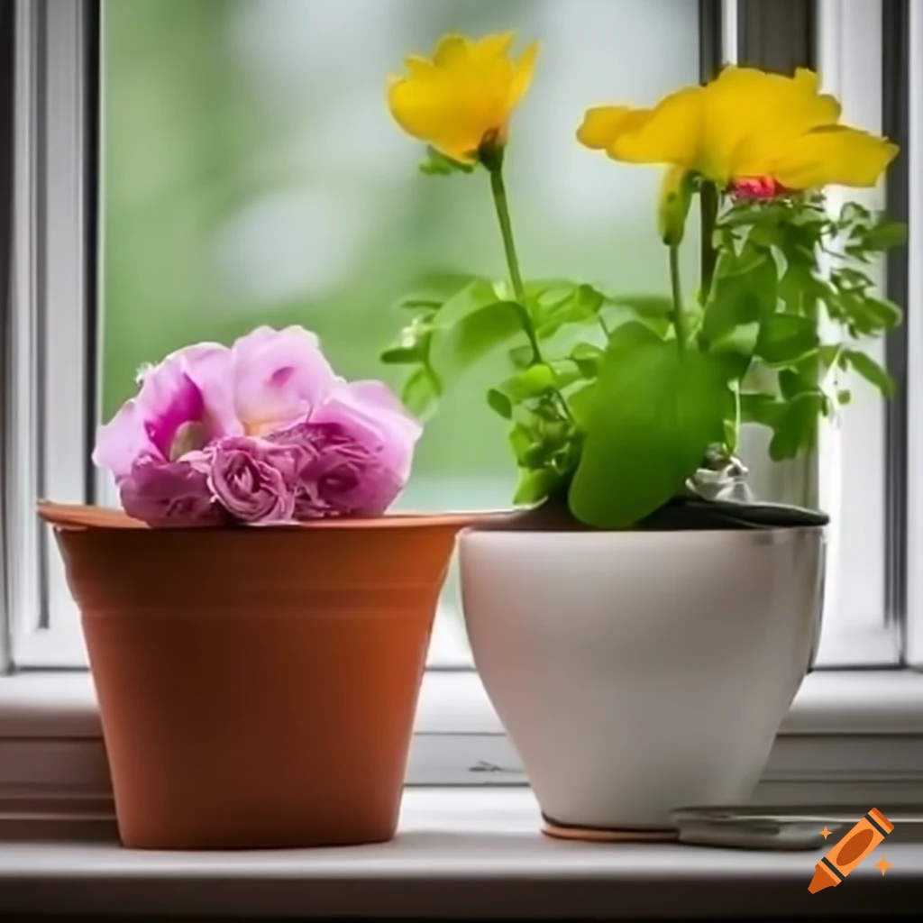 potted flowers on a windowsill