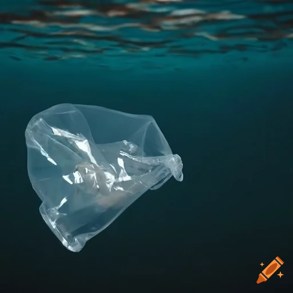Plastic bag floating in polluted ocean