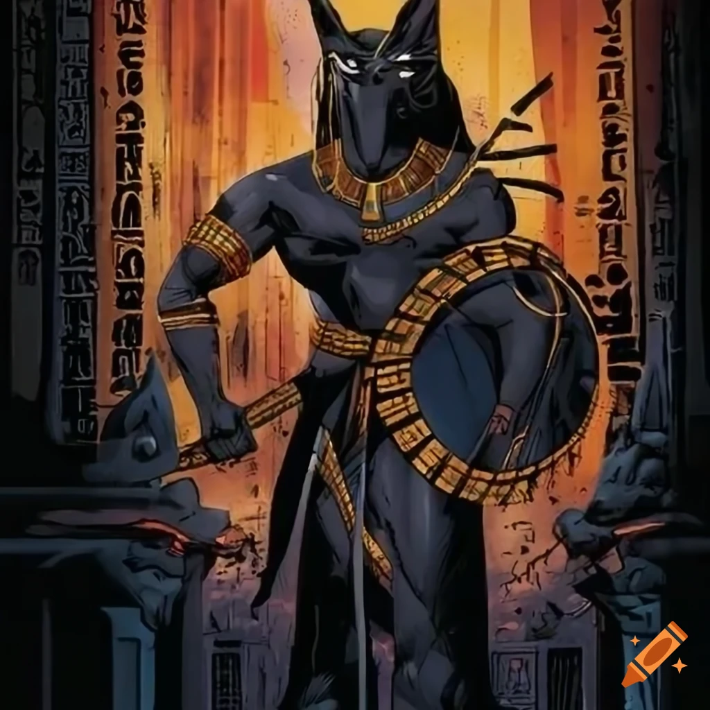 Comic book cover featuring anubis and isis in an egyptian setting on Craiyon