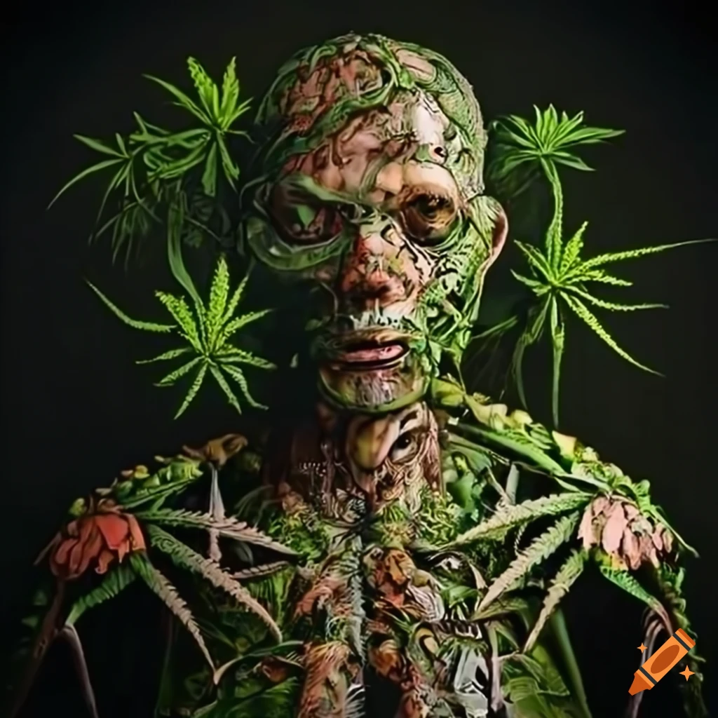 surreal cyborg in a cannabis jungle