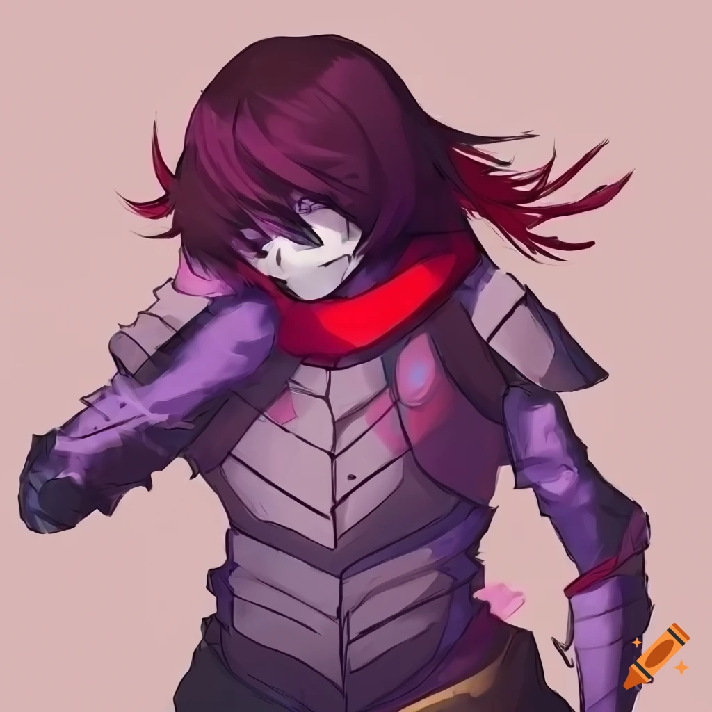 anime-style depiction of Kris from Deltarune in armor and red scarf