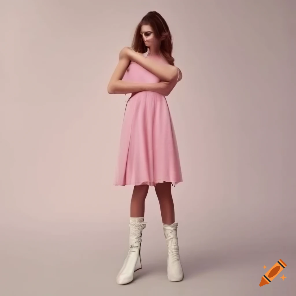 Woman in pink dress and white boots