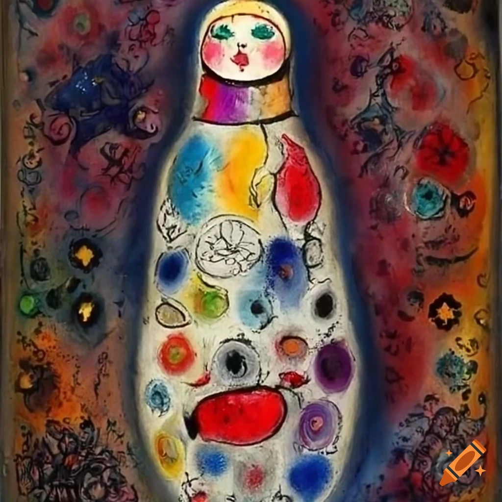 painting of a Russian stacking doll in a cracked egg house