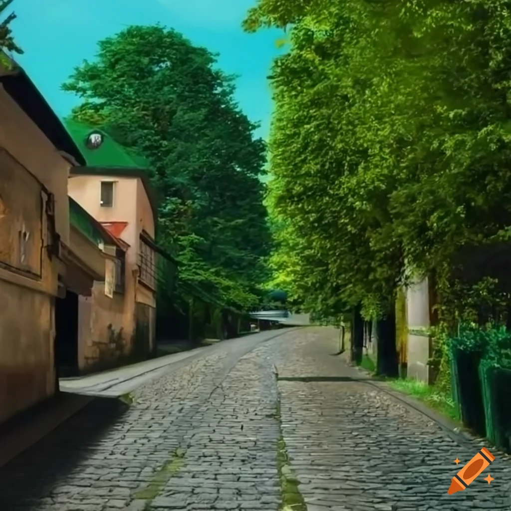 Curved street with trees on both sides