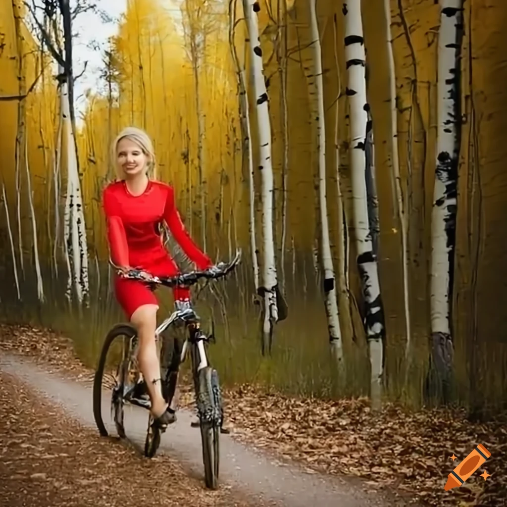 woman mountain biking through aspen trees