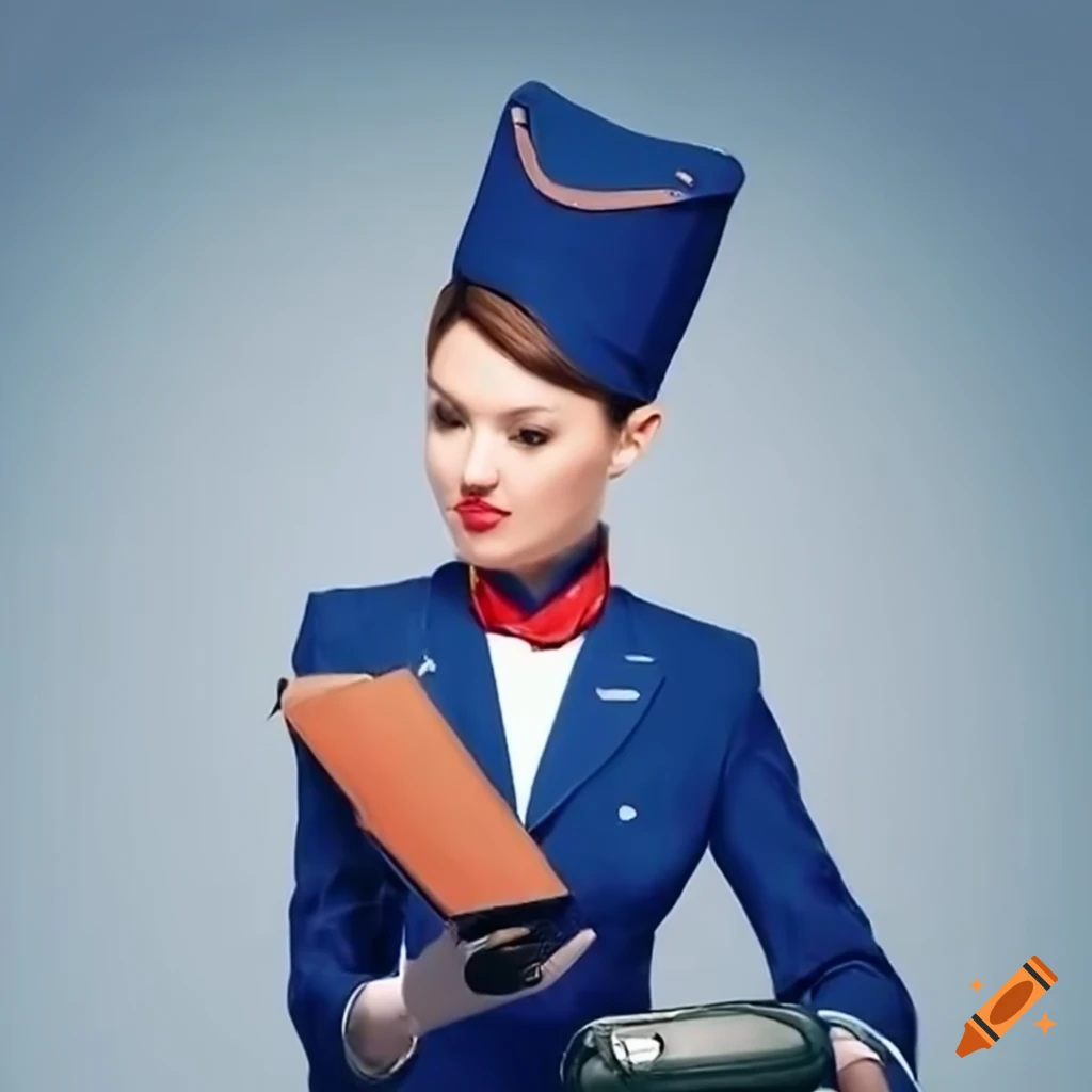 Stewardess wearing a suitcase as clothing
