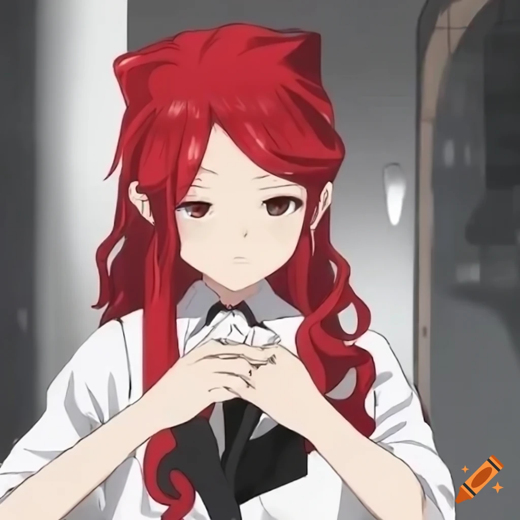 Anime girl with red and black hair and stylish outfit on Craiyon