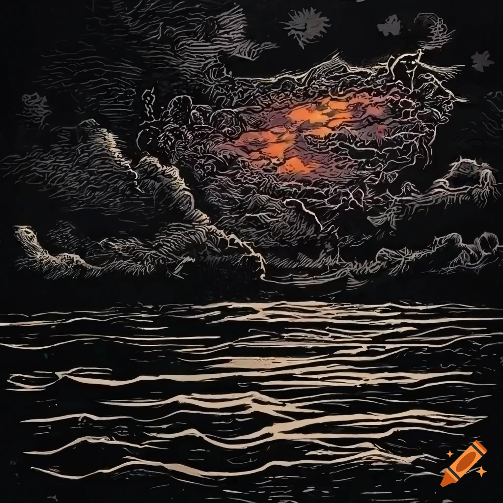 intricate linocut illustration of stormy clouds and a lone boat