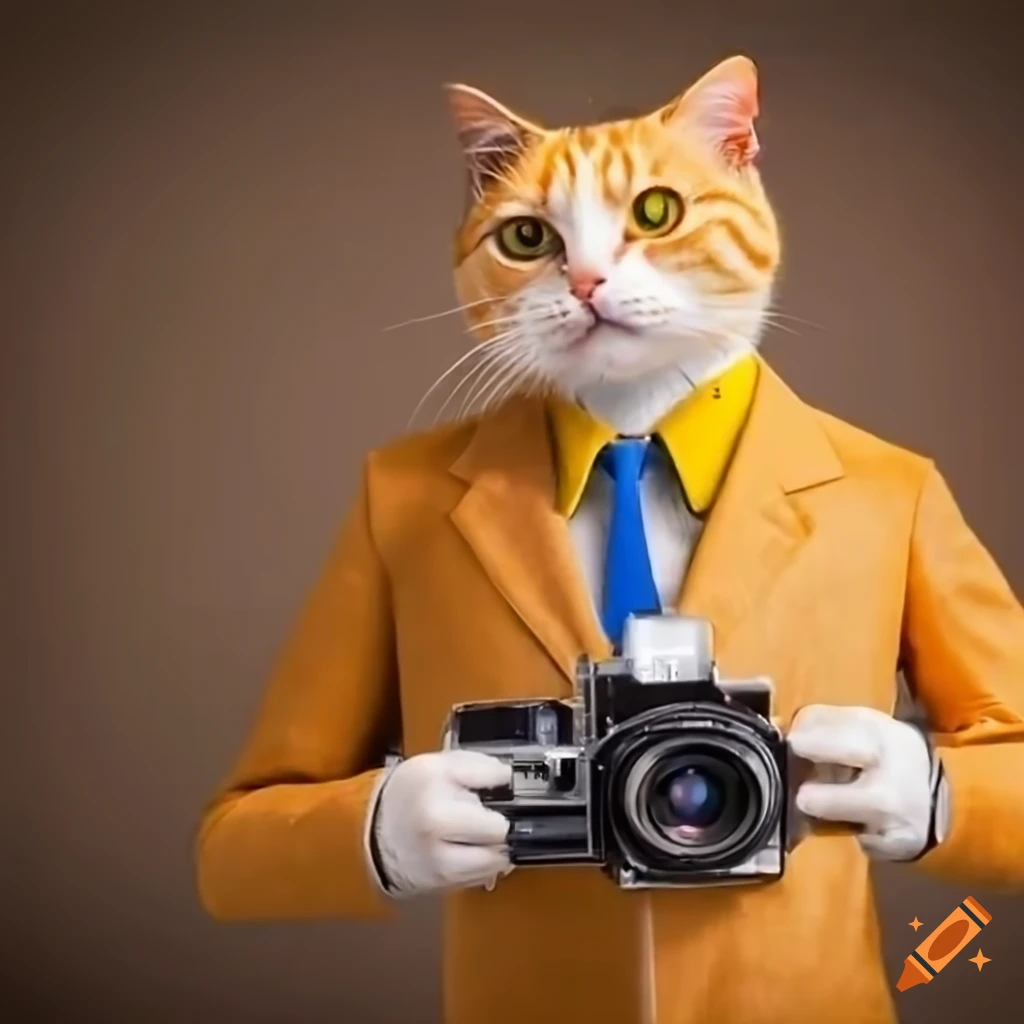 orange cat in a suit with a vintage camera