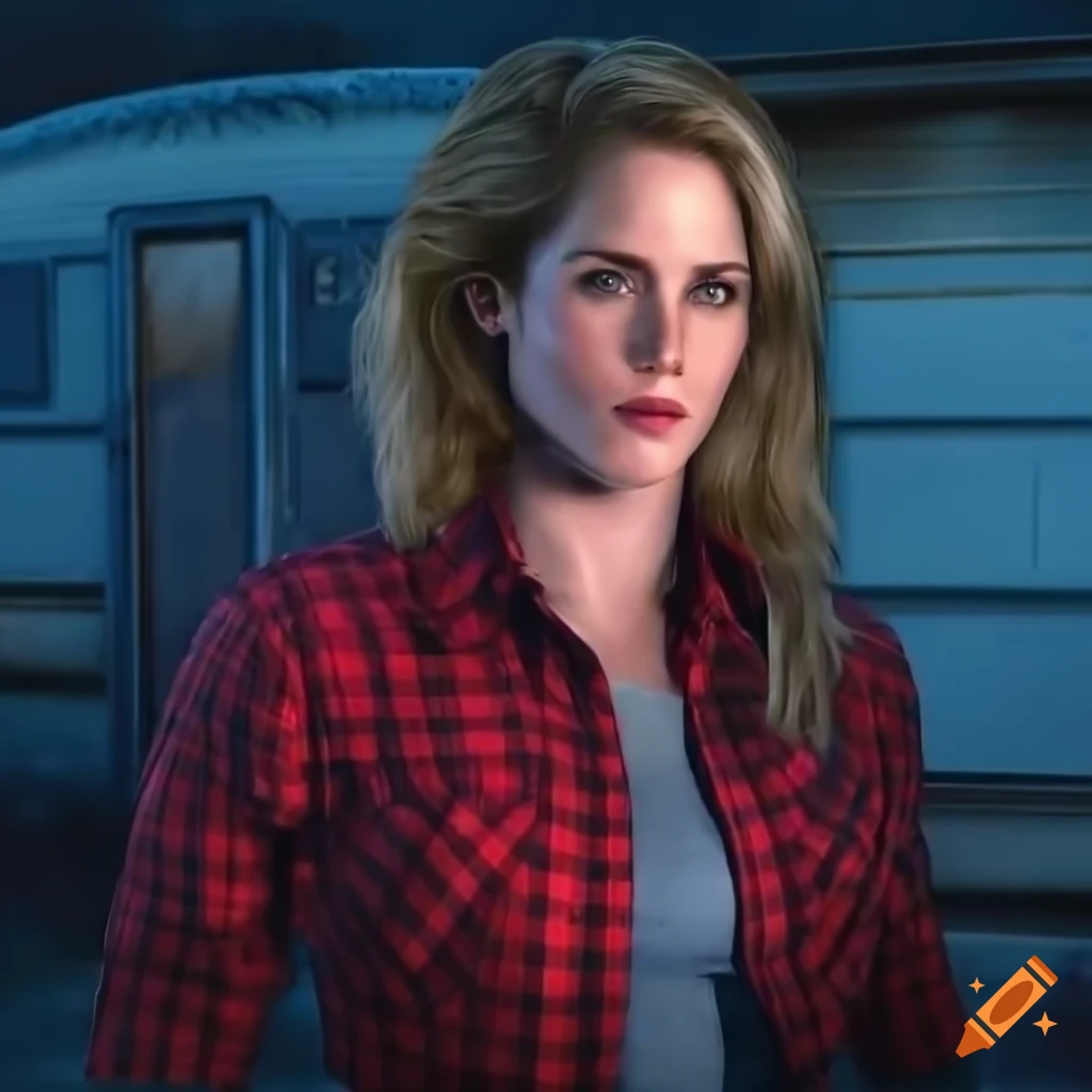 Actress emily bett rickards in a red plaid shirt standing near a