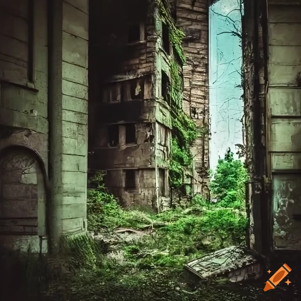 post-apocalyptic scene with ruined buildings and vegetation