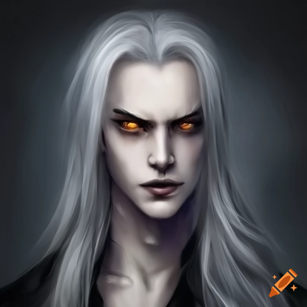 Portrait of an attractive male vampire with grey skin and yellow eyes