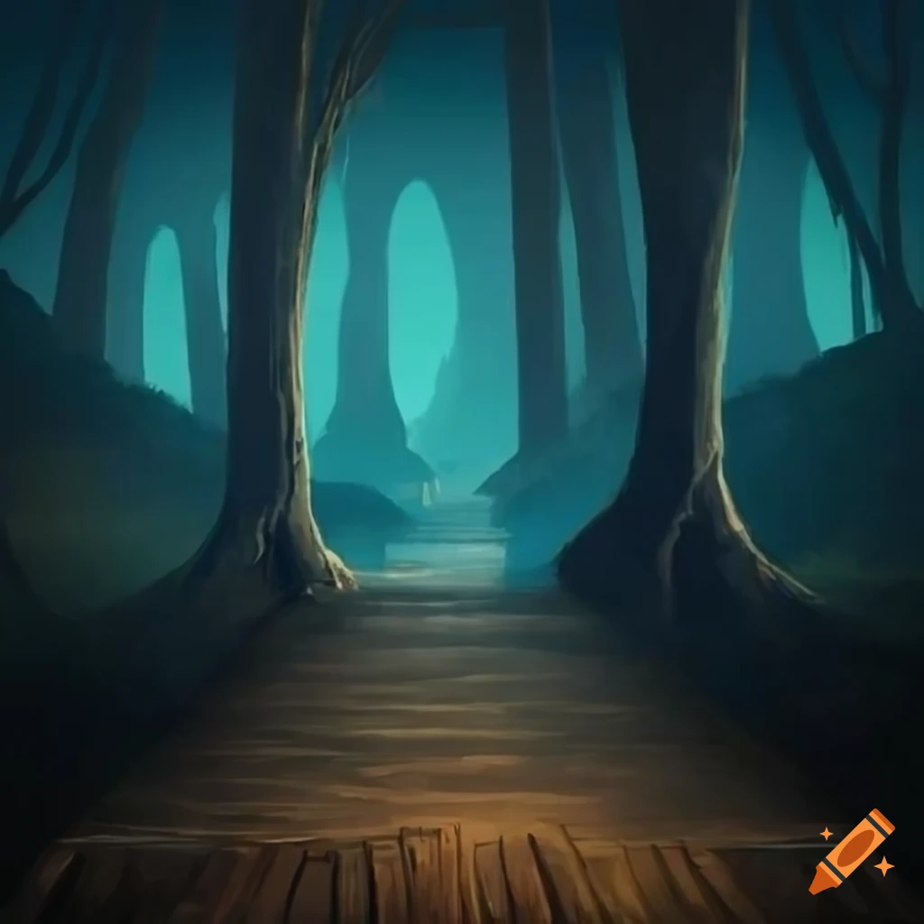 night scene of a forest with a bridge and headless horsemen