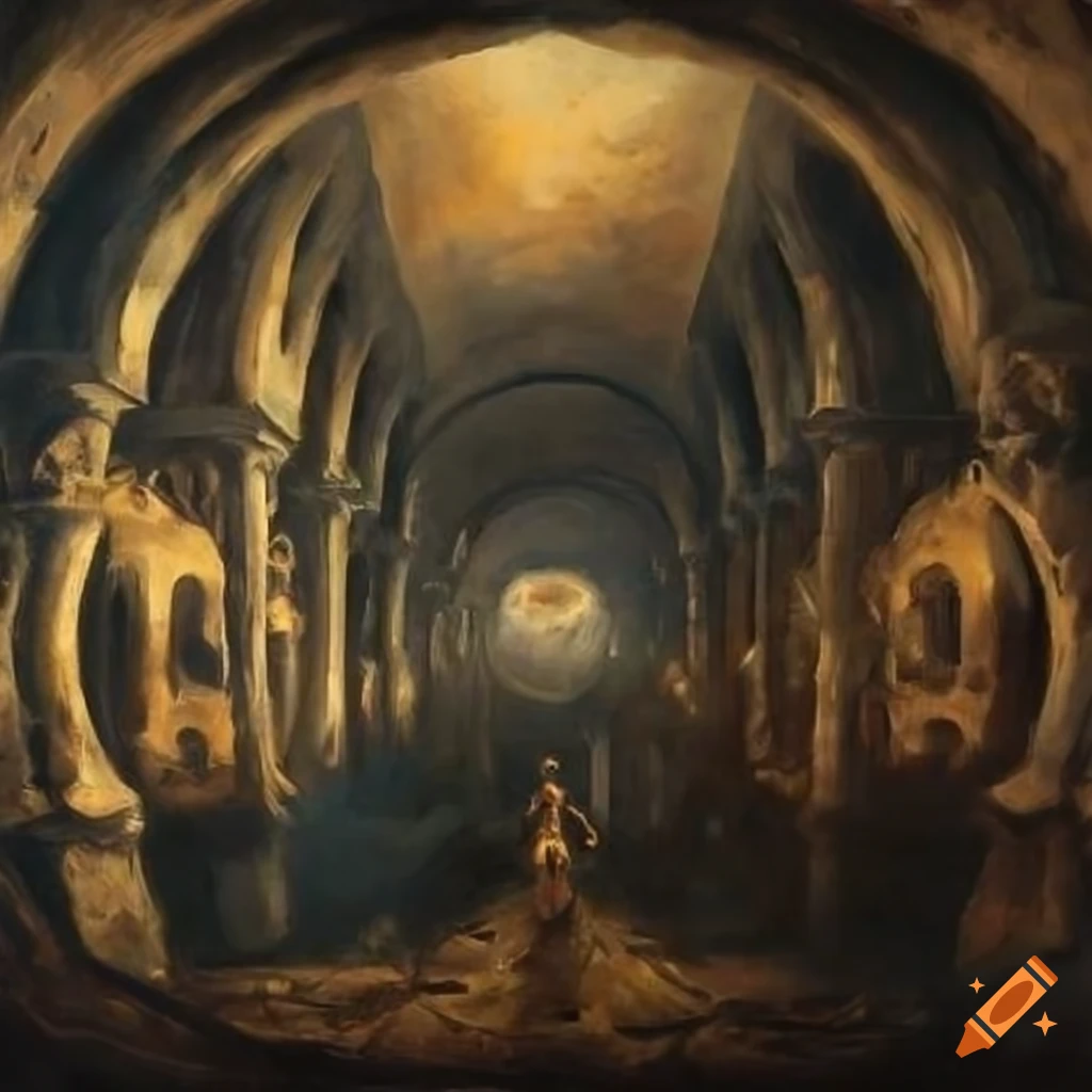 oil painting of a massive subterranean vault with a dead god