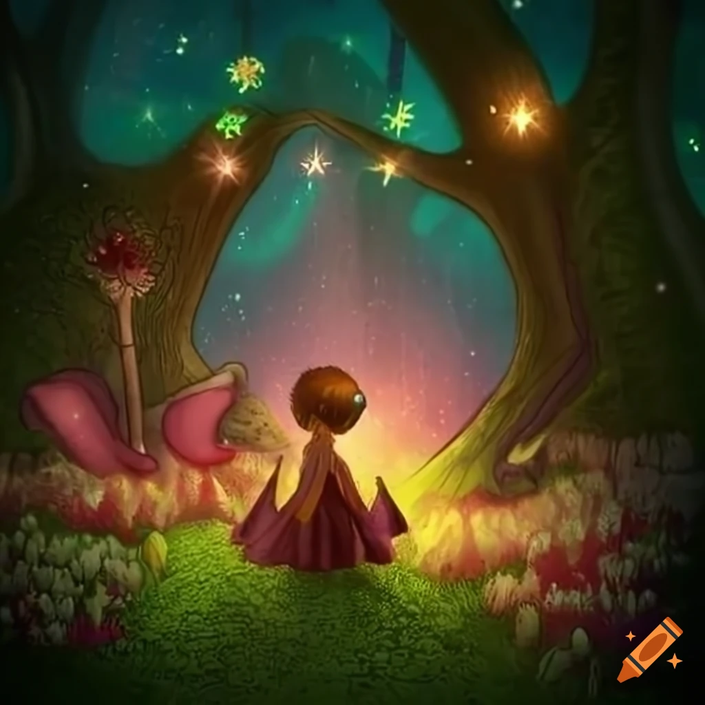 A beautiful fairytale enchanted forest at night made of glittering