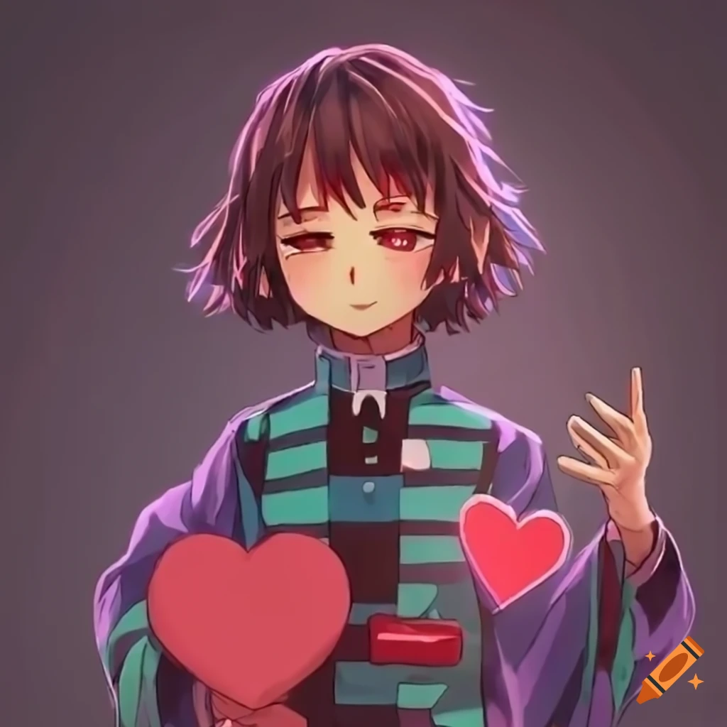 Fusion of frisk from undertale and tanjiro with red heart on Craiyon