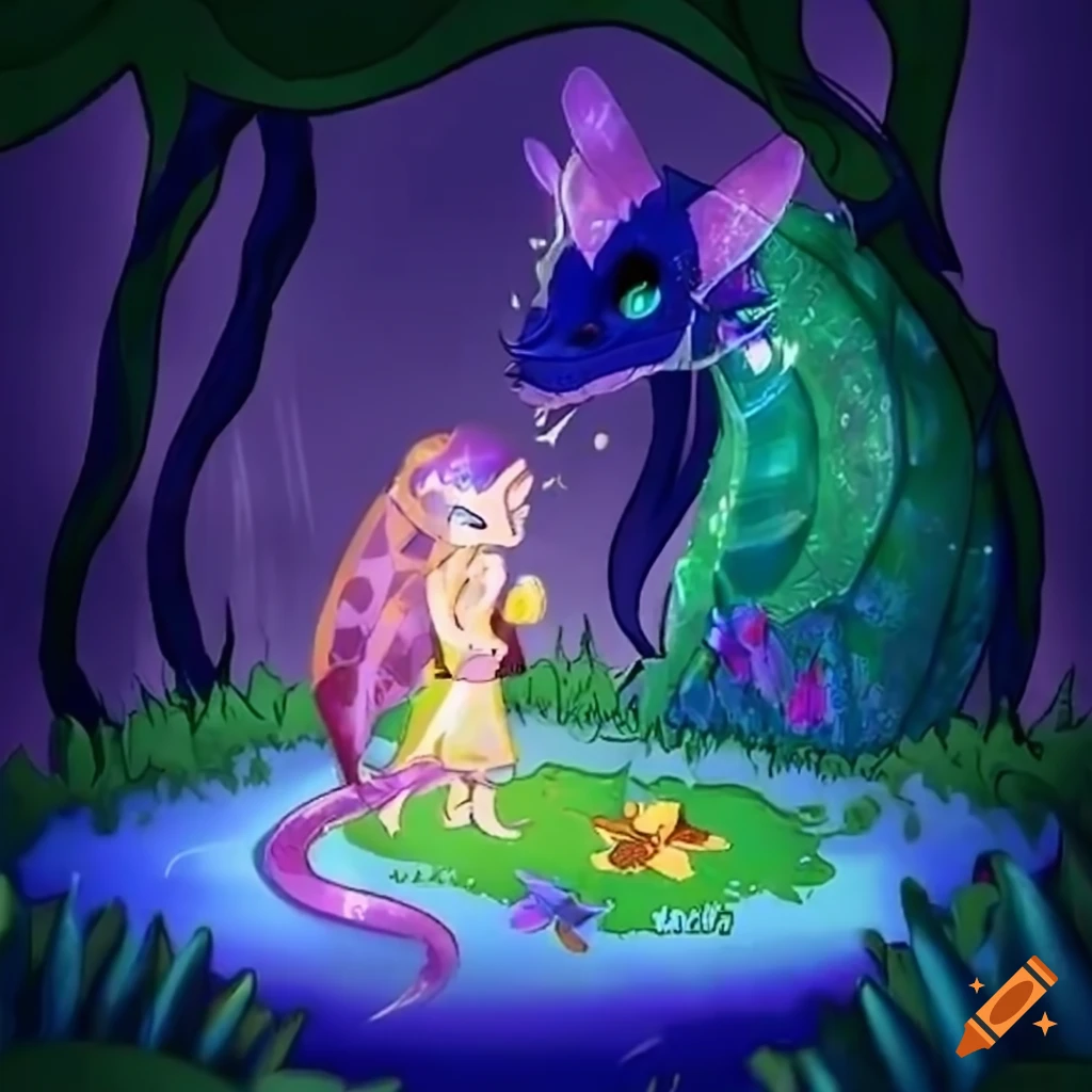 illustration of a dragon exploring a magical forest