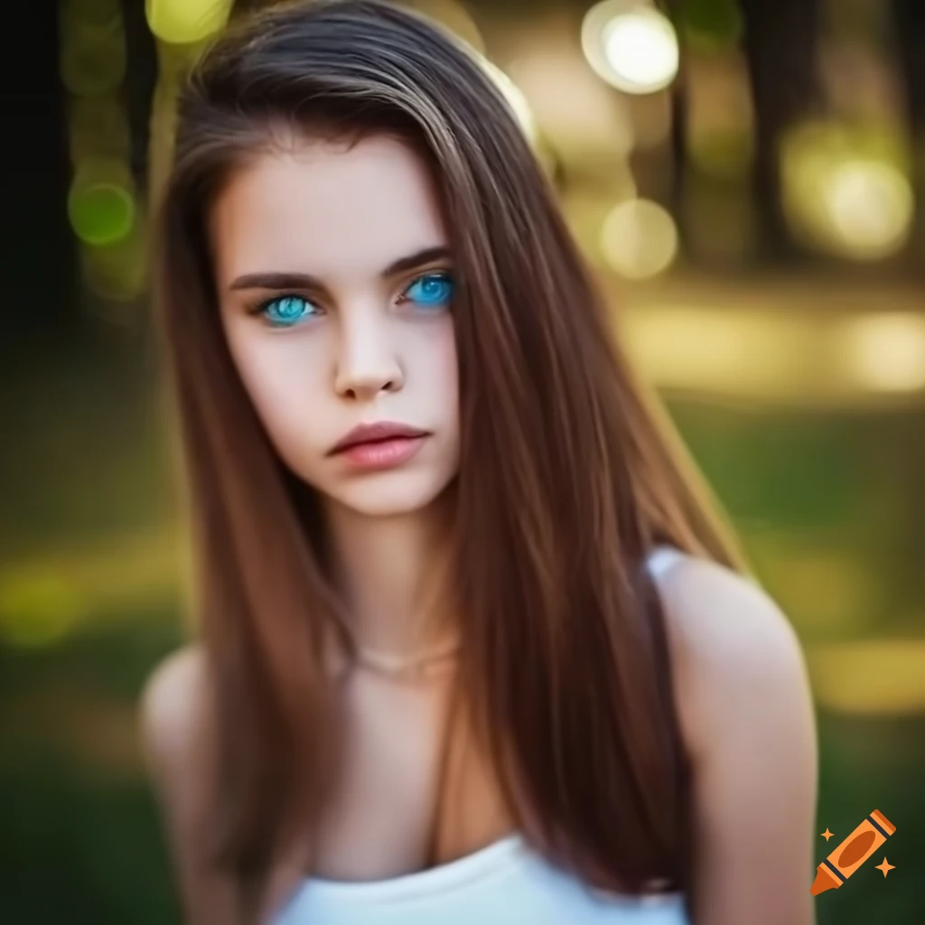 Girl with long brown hair and blue eyes in stylish outfit