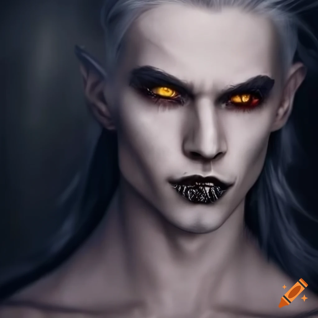Portrait of an attractive male vampire with grey skin and yellow eyes