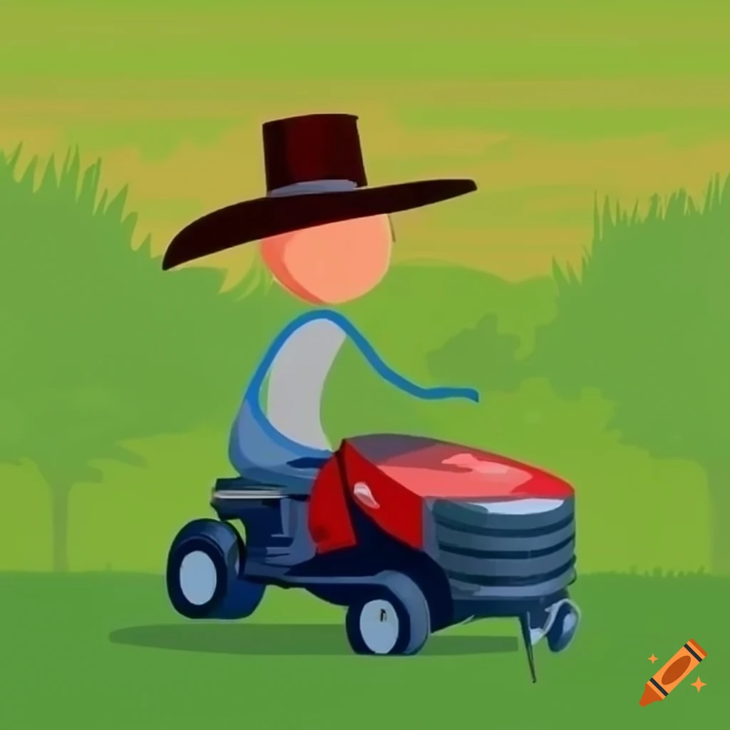 Humorous stickman mowing grass with a cowboy hat on Craiyon