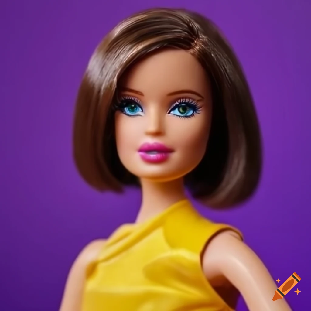 Fashionable barbie with brown bob and yellow leather jacket on Craiyon
