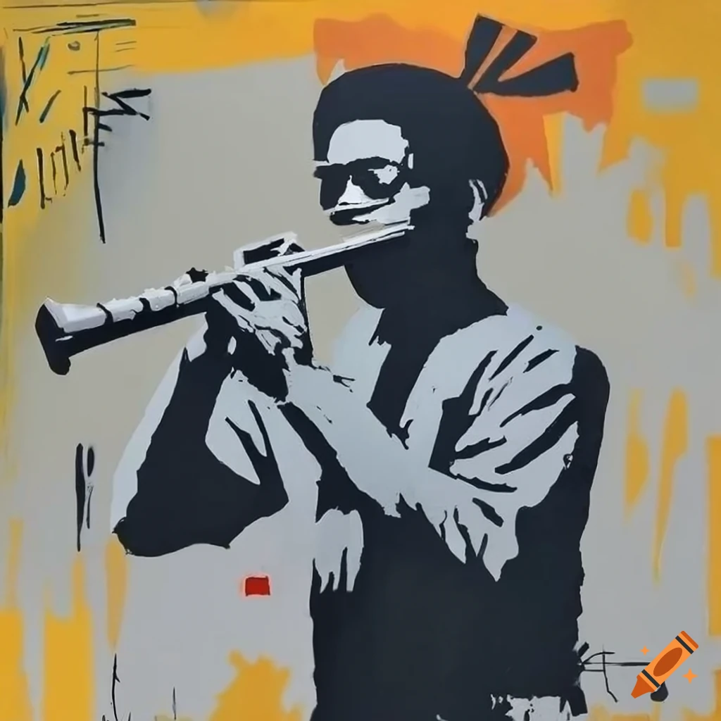 Artwork featuring a man playing flute with banksy and basquiat symbols