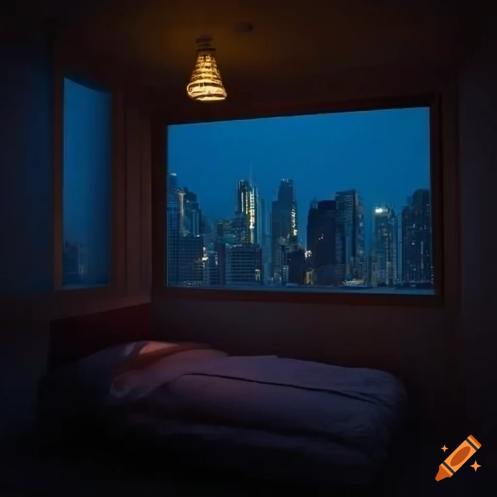 View of cityscape from bedroom window at night