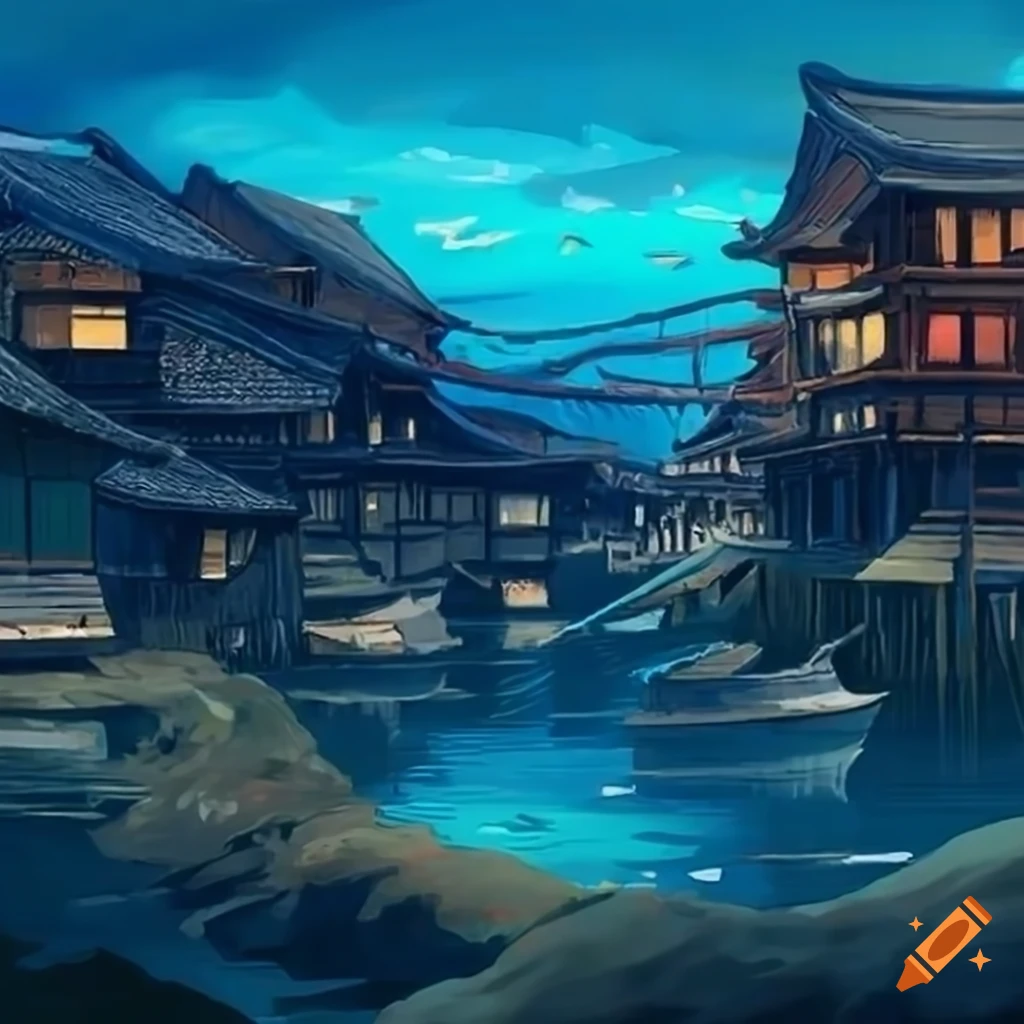 Anime illustration of a japanese fishing village on Craiyon