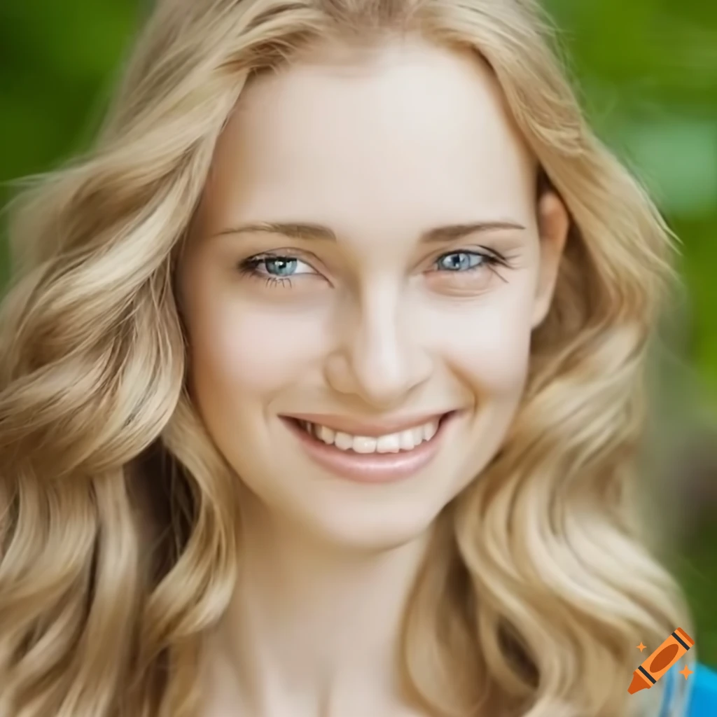 Smiling Woman With Wavy Blond Hair And Blue Blouse