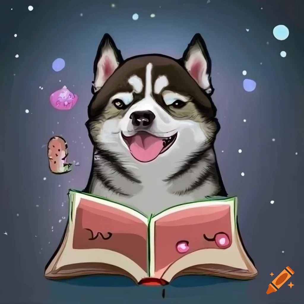 Cute husky dog with a book and fruit stickers on Craiyon
